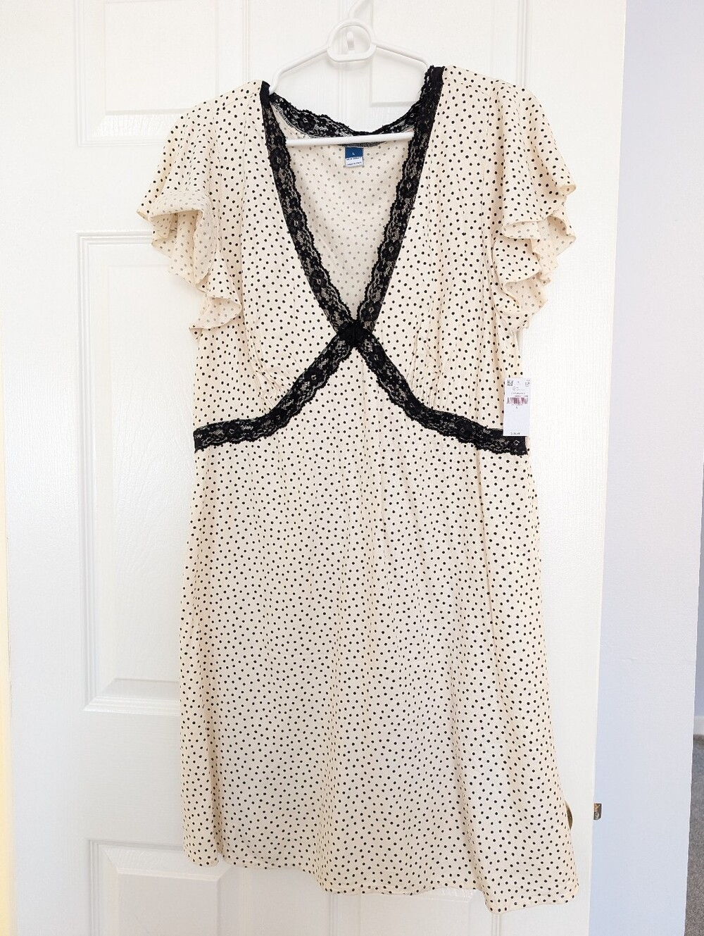 Old Navy Polka Dot Cream Babydoll Dress with Black Lace Trim Size Large